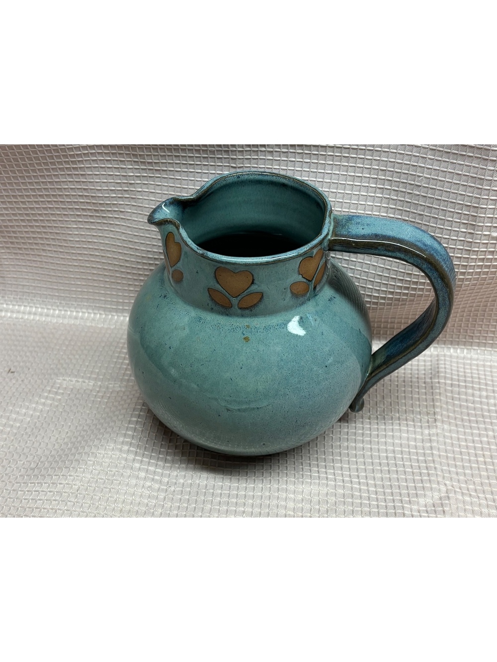 166 - Vintage Inarco Teal Ceramic Pitcher with Heart Motif Farmhouse Pottery Jug